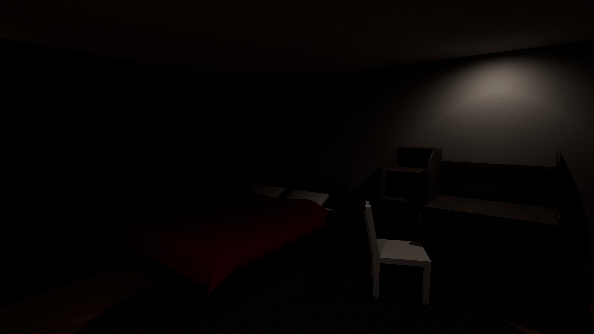 Early dark 3D render of the childhood bedroom environment