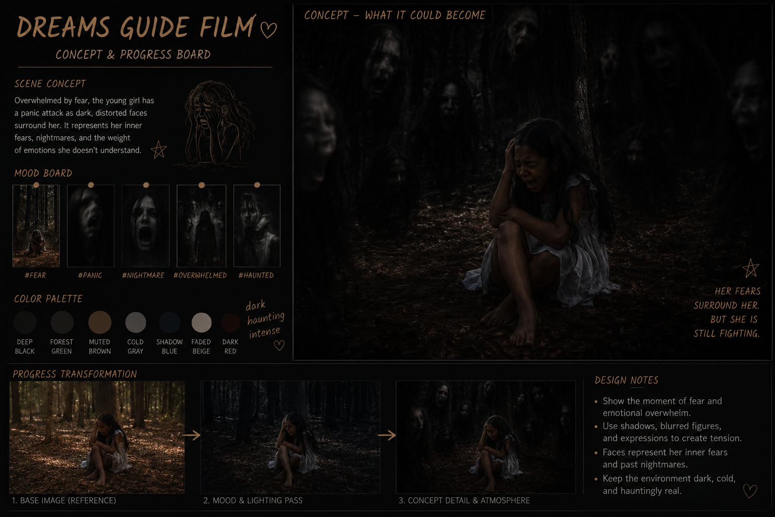 Nightmare forest concept board showing distorted faces surrounding a frightened girl