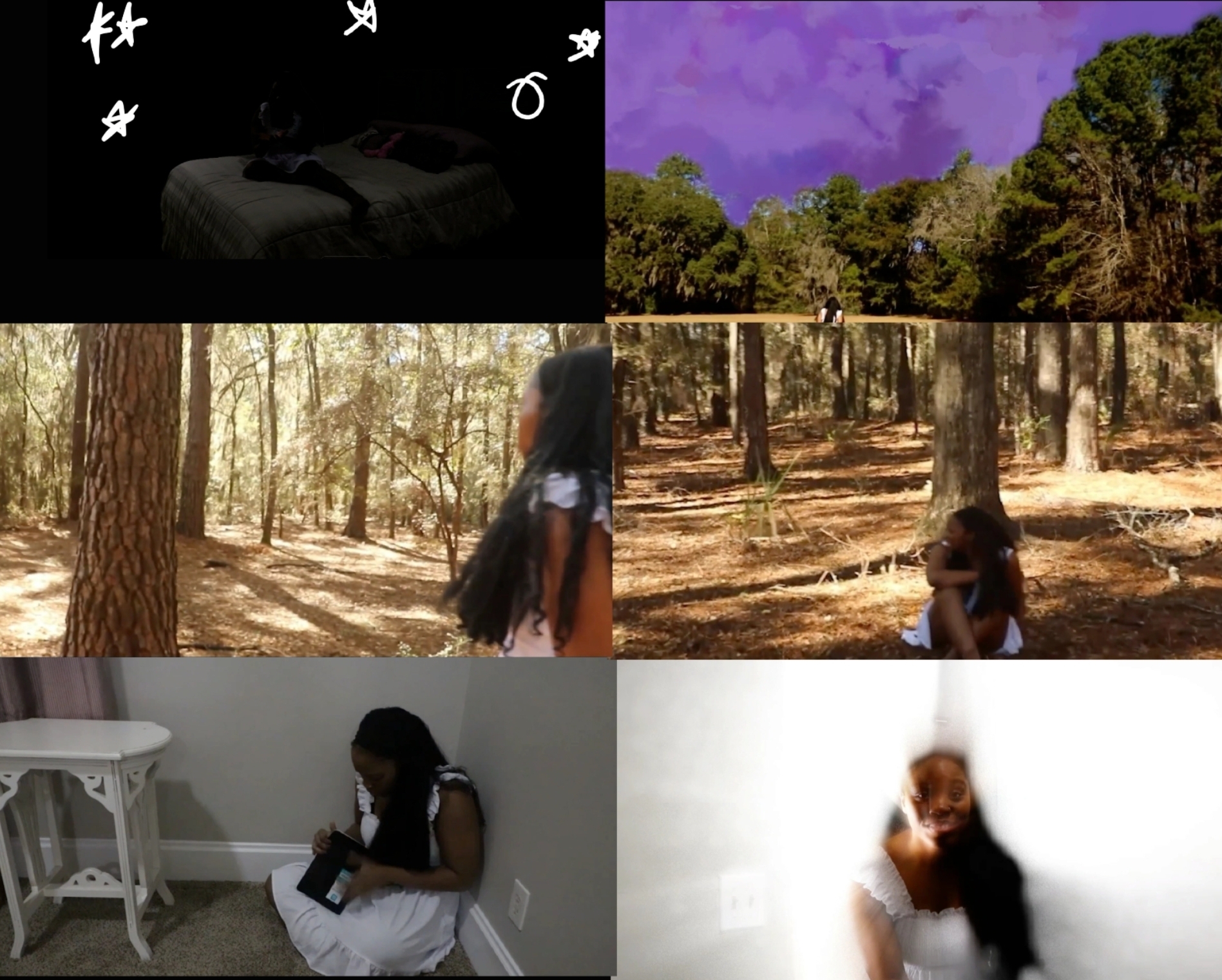 Collage of early filmed shots in the bedroom, forest, field, and dream transition