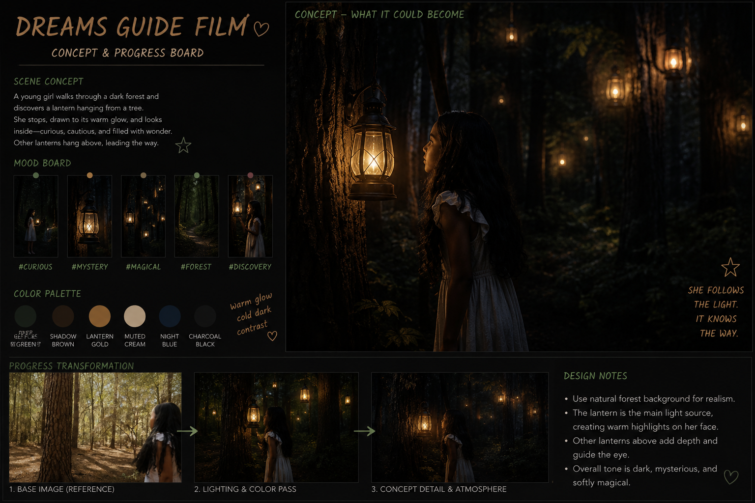 Dark forest lantern scene concept board with color studies and lighting progression