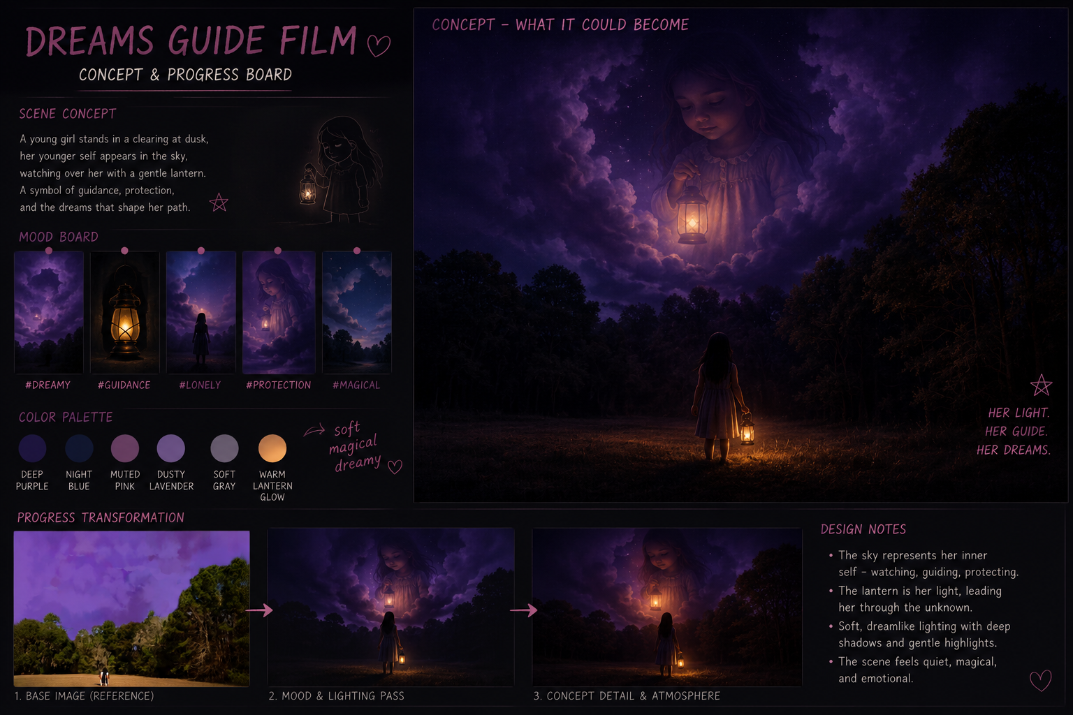 Purple-sky lantern scene concept board with mood references and progress transformation
