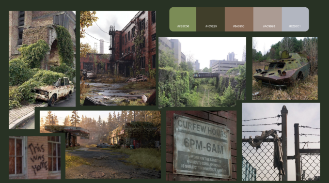 Mood board of overgrown abandoned environments