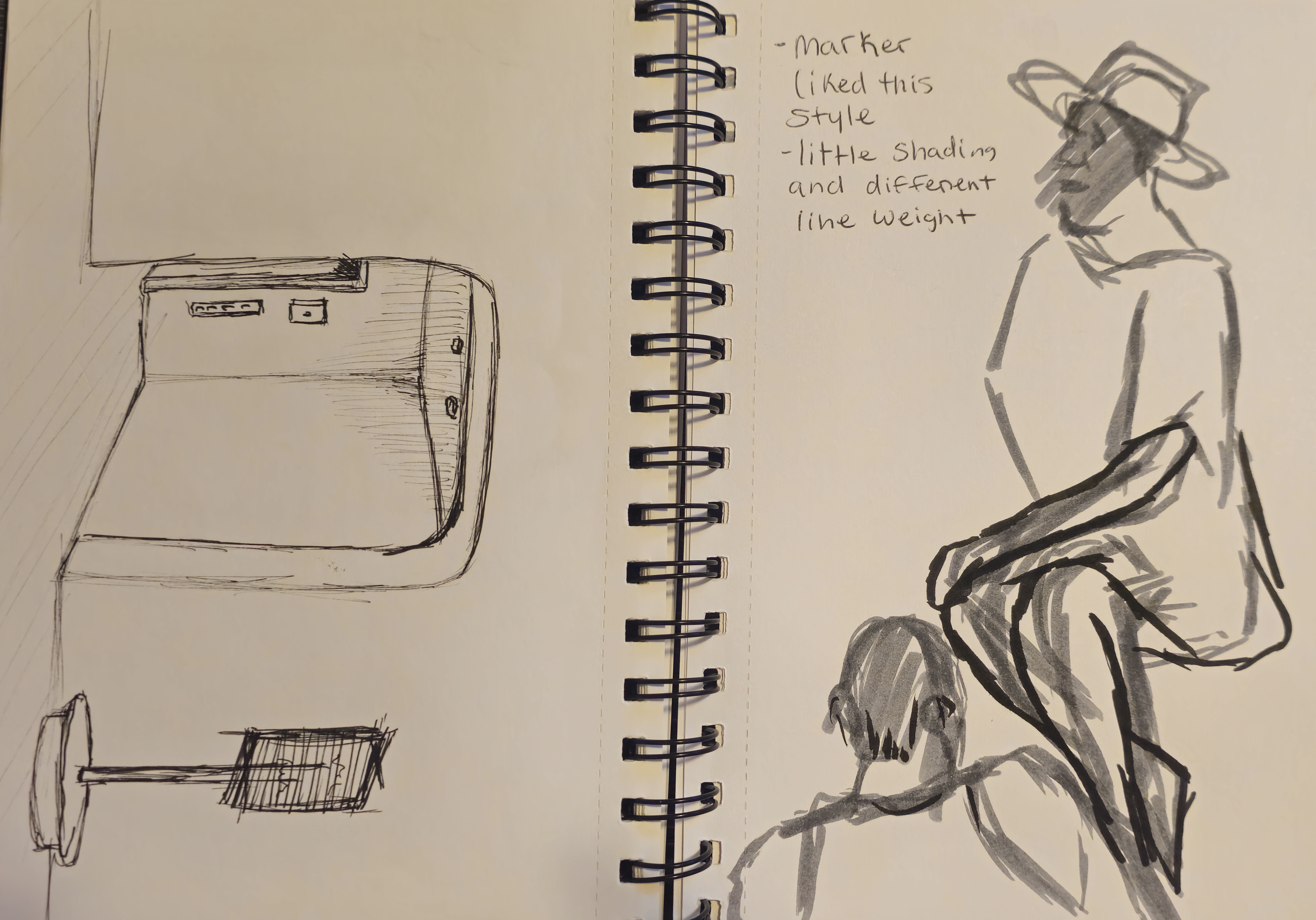 Sketchbook studies of figures and an interior environment