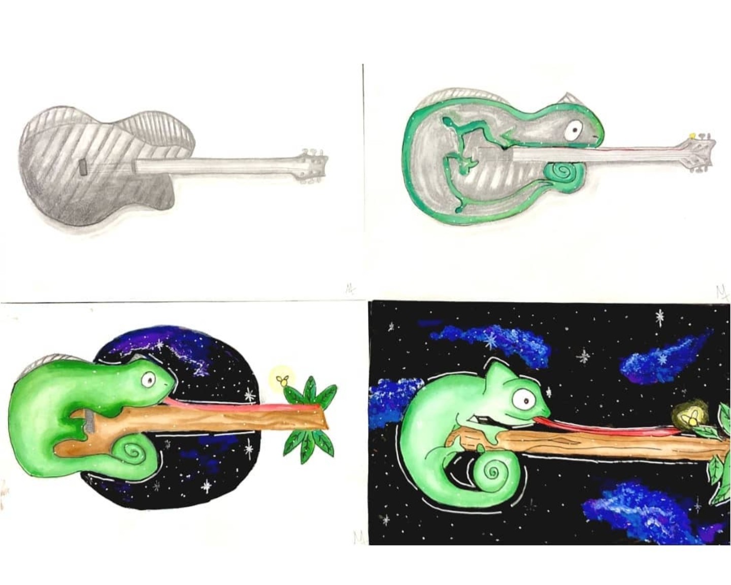 Four design studies transforming an acoustic guitar into a green chameleon