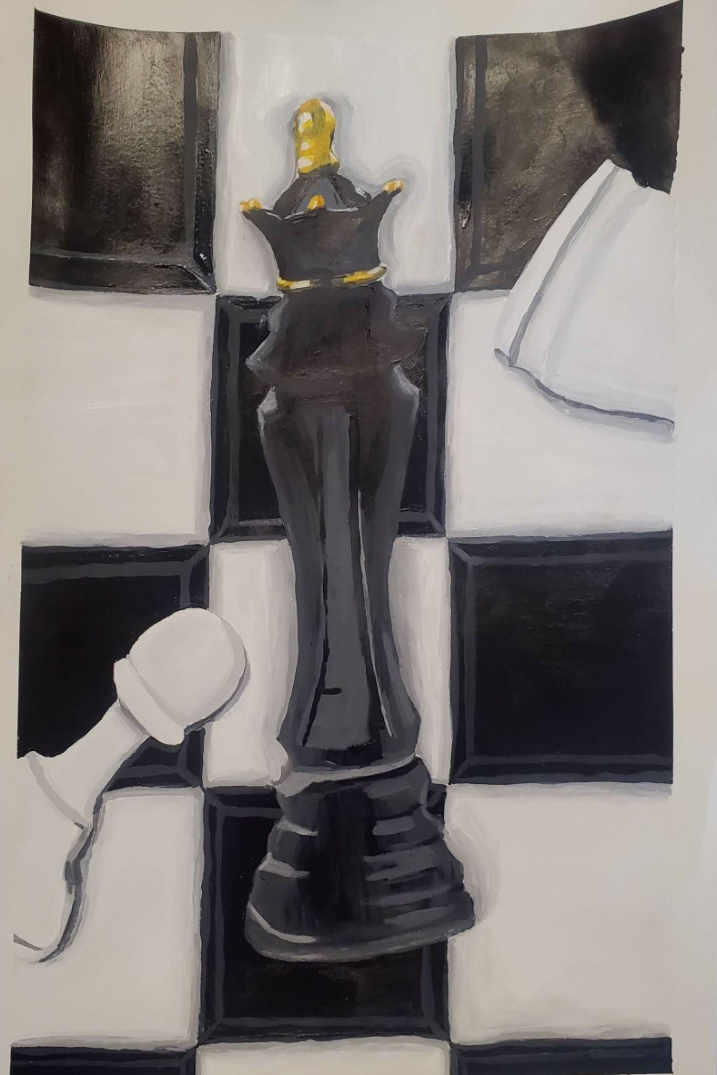 Black, white, and gray still-life painting centered on a chess king and pawn
