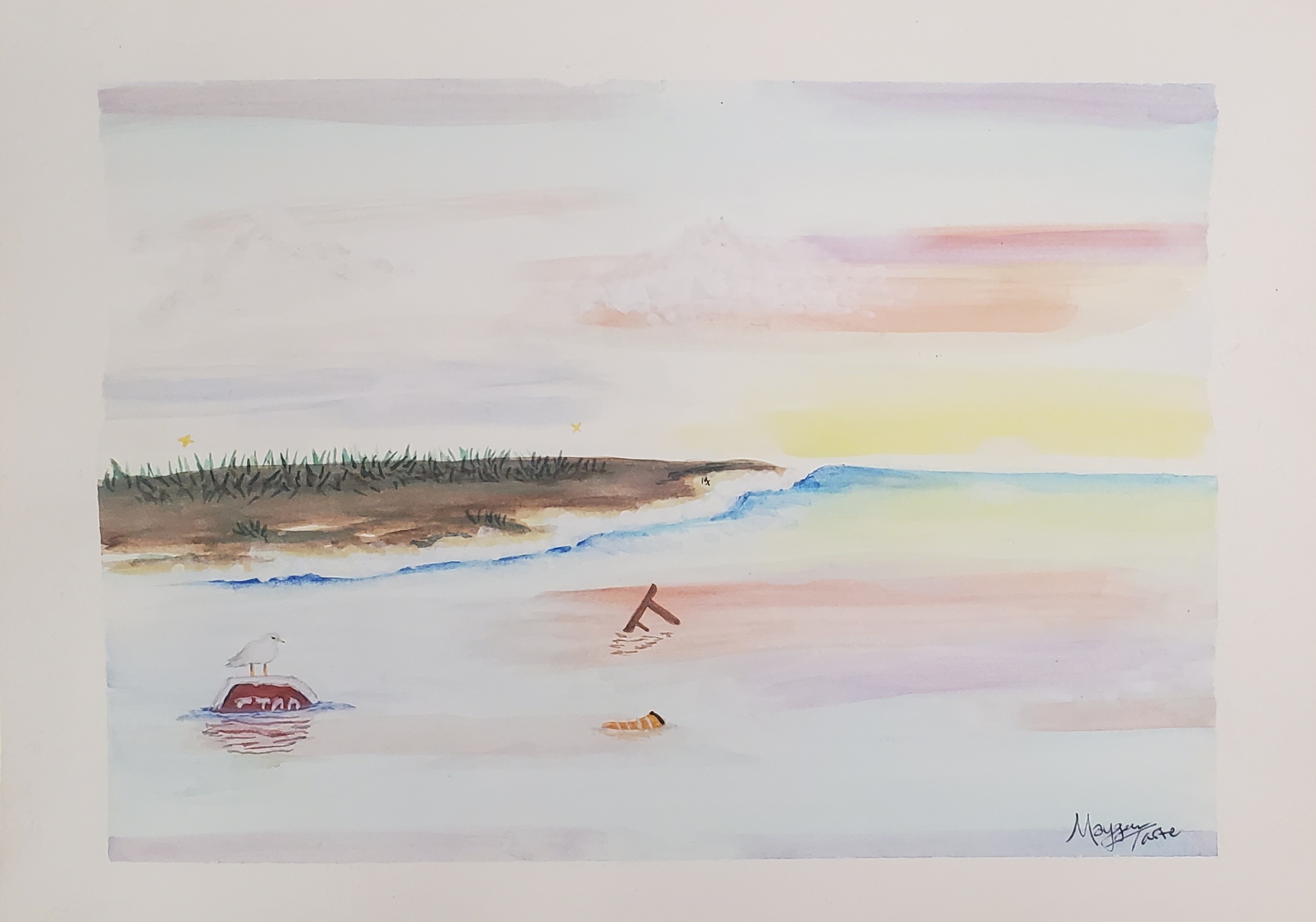 Soft watercolor landscape of a calm coast at sunrise with a buoy and seabird