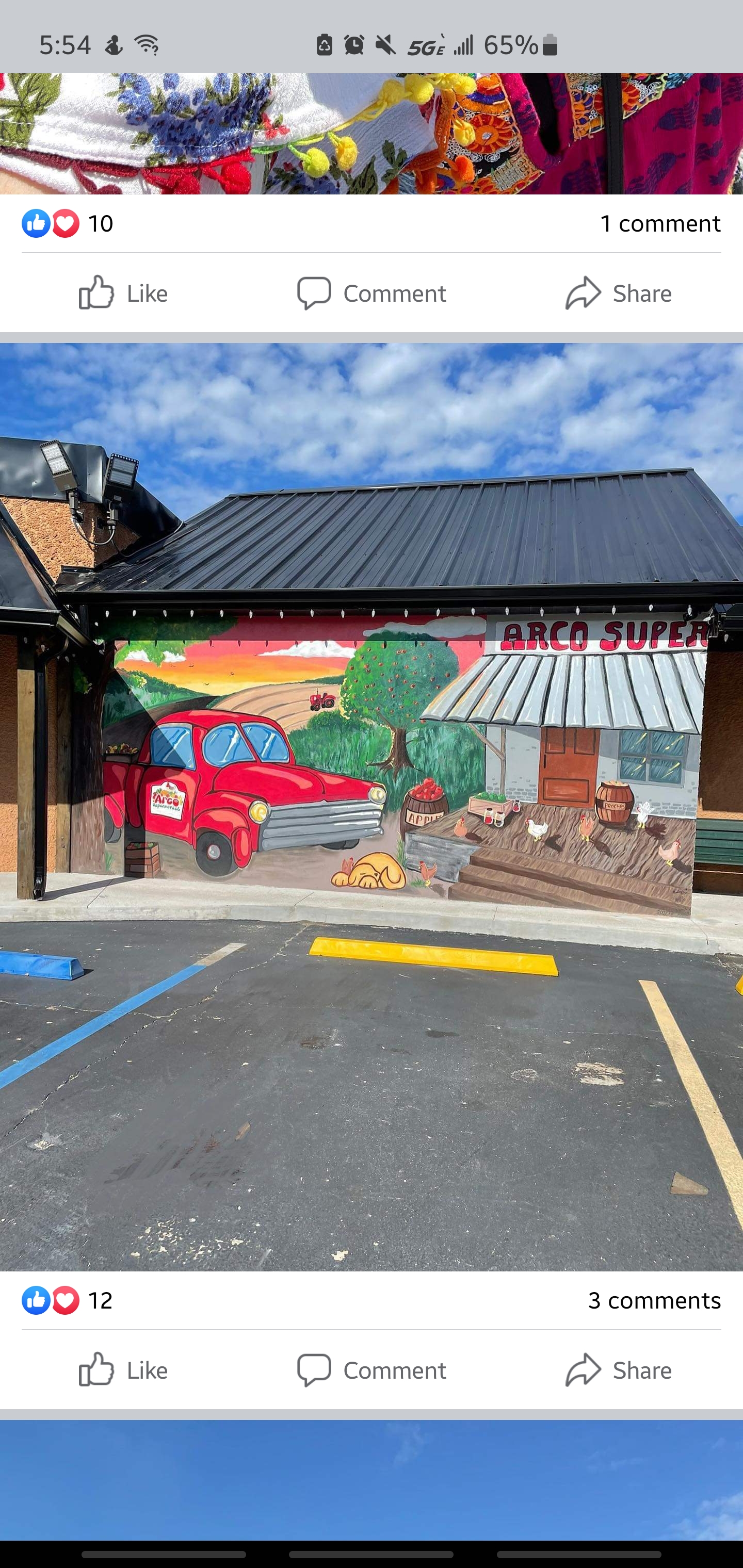 Colorful market mural with a red delivery truck, orchard, farmhouse, fruit, and chickens