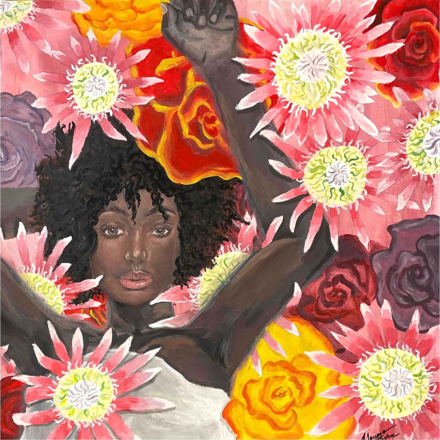 Painted portrait of a woman surrounded by large pink, red, orange, and purple flowers