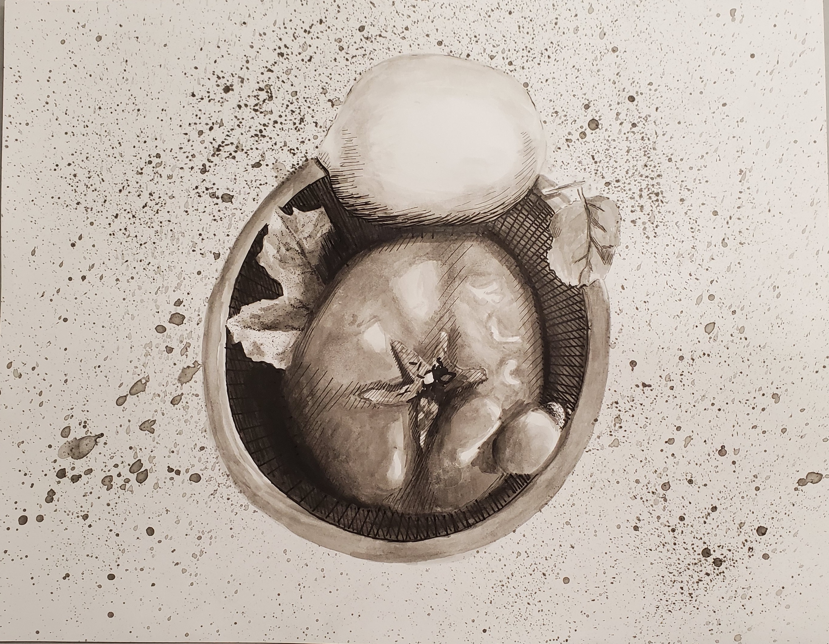 Sepia ink-and-wash study of fruit, flowers, and food arranged in a bowl