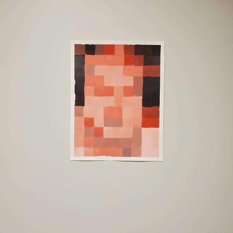 Abstract geometric color study made from coral, pink, red, brown, and black squares