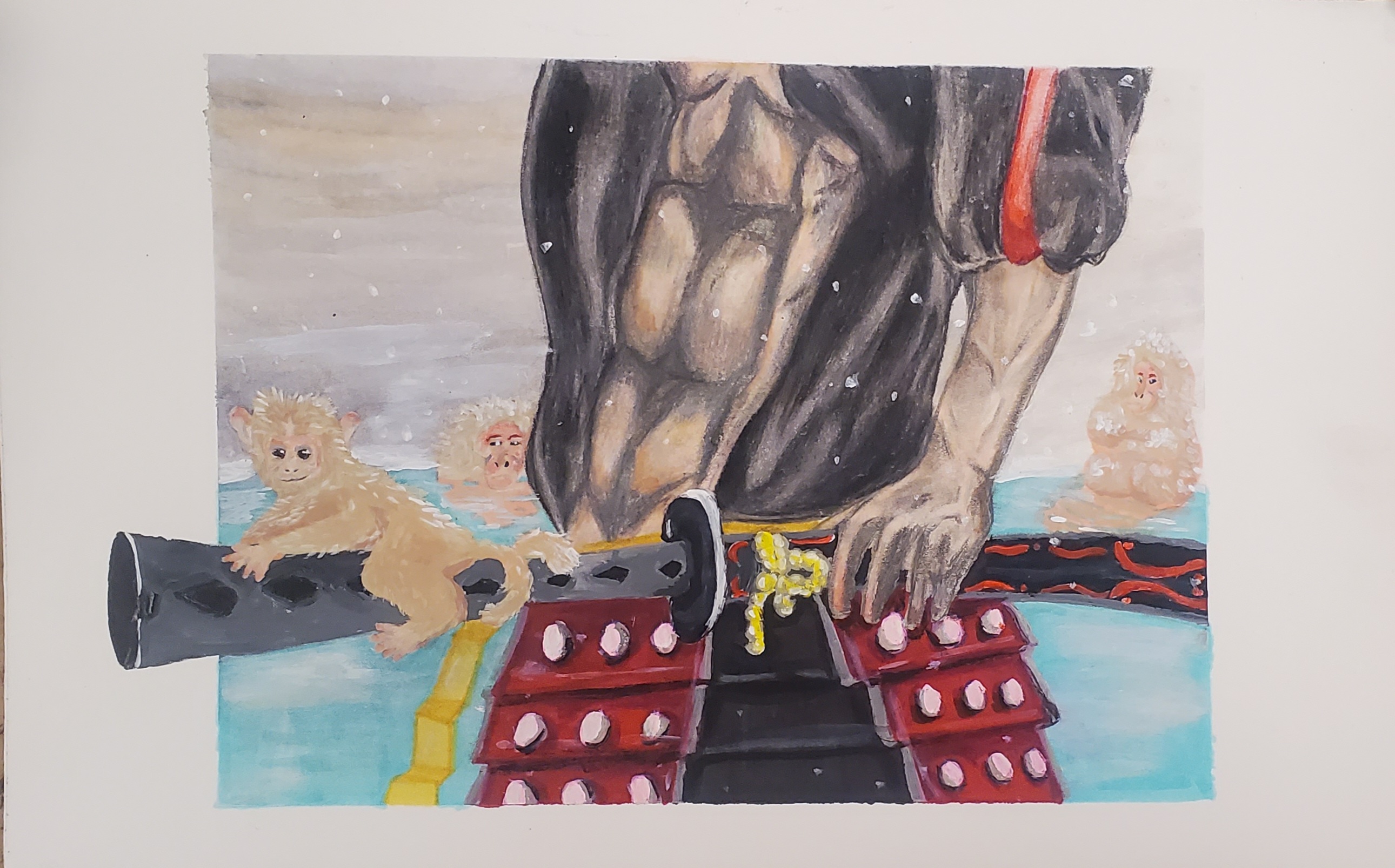 Painted scene of a samurai holding a sword while snow monkeys sit in hot springs