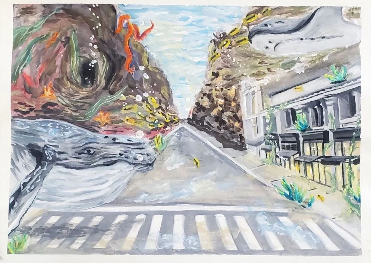 Surreal painted city scene with large whales moving through streets and buildings